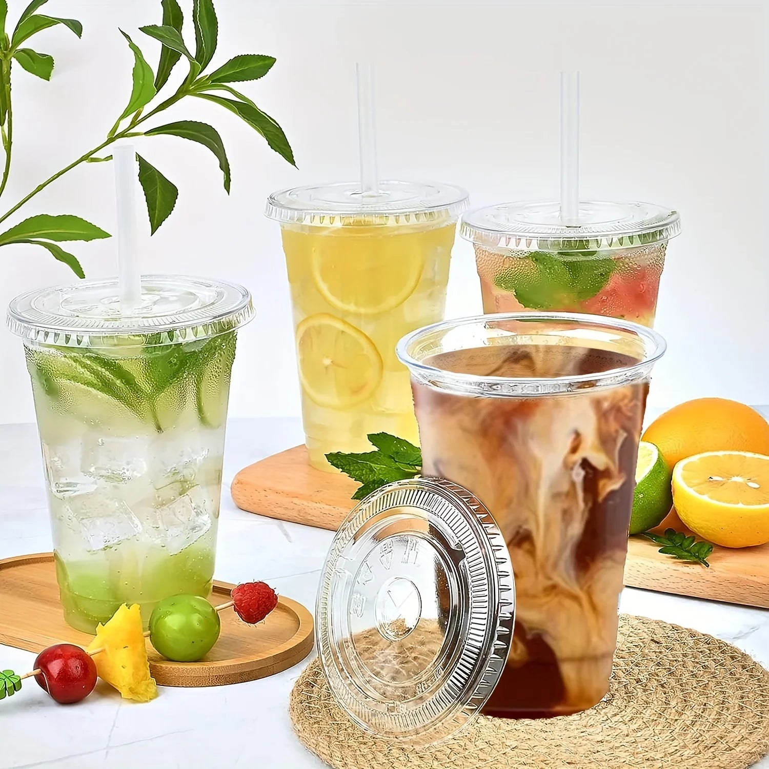 50pcs/set 12/16OZ Sturdy Ice Coffee Cup with Lid Smoothie Milkshake Cold Drink Plastic Cup Disposable Cup Holiday Party Supplies