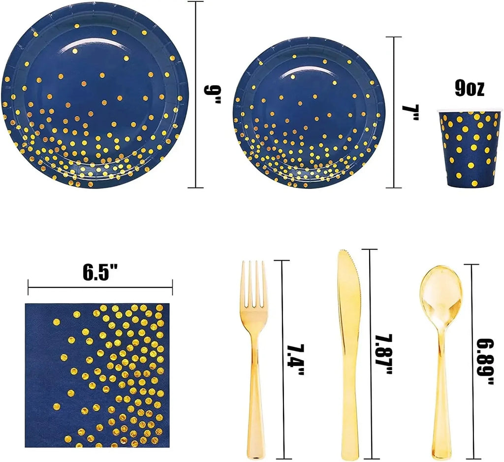 Blue Black Gold Party Decorations Blue and Gold Disposable Tableware Set Paper Plates Cups for Birthday Wedding Party Supplies