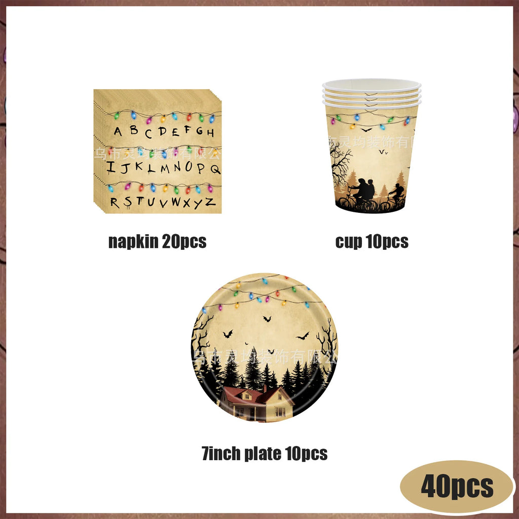Stranger Theme Birthday Party Tableware Decoration American TV Paper Plate Napkin Banner Lights Alphabet Backdrops Kids Supplies