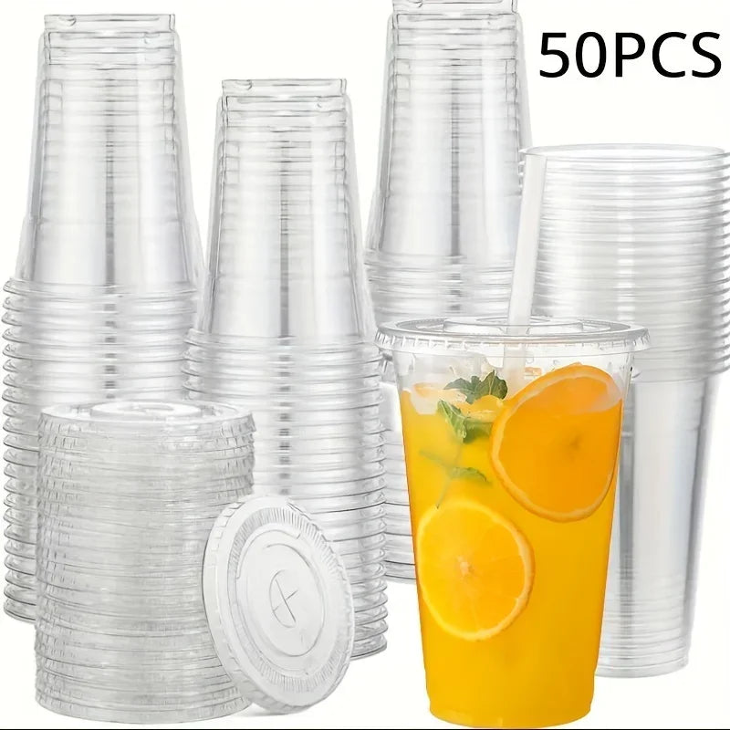 50pcs/set 12/16OZ Sturdy Ice Coffee Cup with Lid Smoothie Milkshake Cold Drink Plastic Cup Disposable Cup Holiday Party Supplies