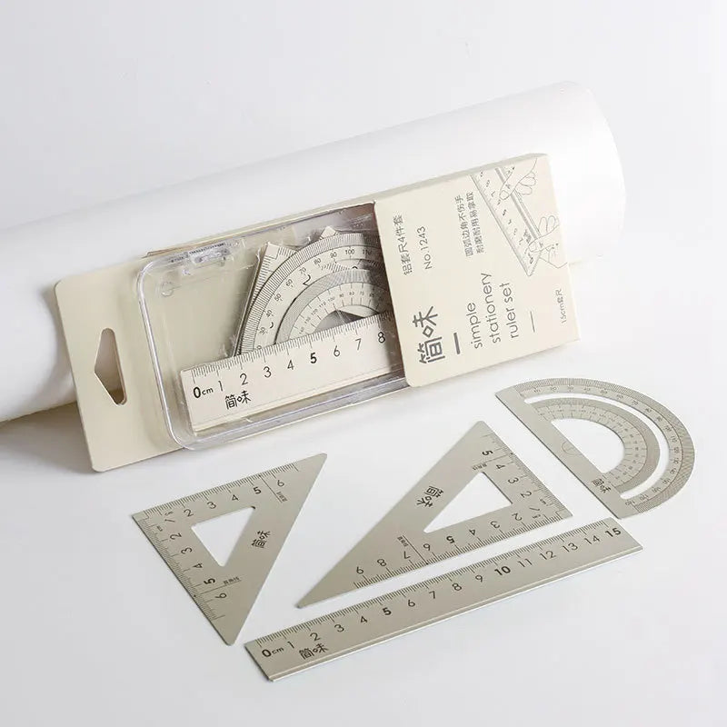 4pcs Aluminum Ruler Set,Drafting Set,With Storage Box Straight Ruler,Protractor,Students Measure Ruler Set Multi-Function Set