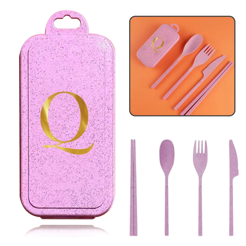 4Pcs Removable And Reusable Dinnerware Sets Spoon Knife Fork Chopsticks Organizer Case Tableware With Storage Box Letter Pattern