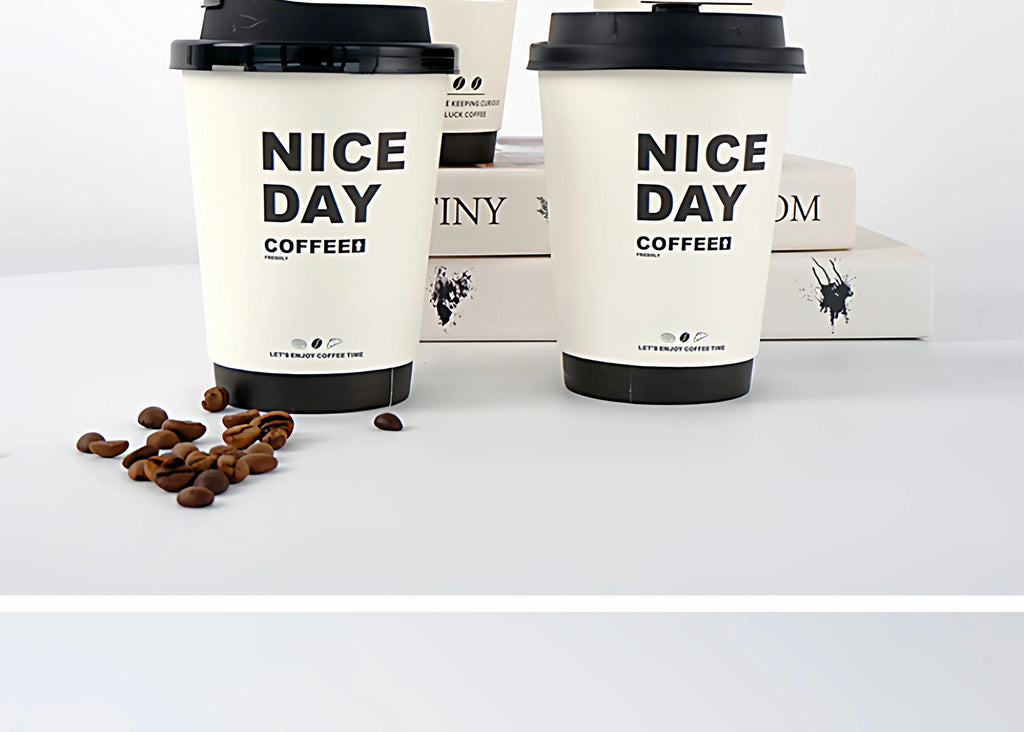 50pcs Thick Double-layer Coffee Paper Cup Disposable 90mm Caliber Hot Drink Leak Proof with Lid Shop Takeaway Paper Cups