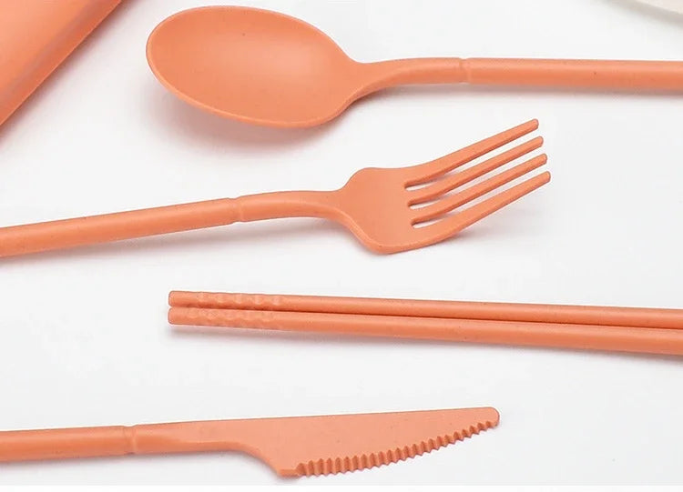 Portable Reusable Spoon Fork Travel Picnic Chopsticks Wheat Straw Tableware Cutlery Set With Carrying Box For Student Office