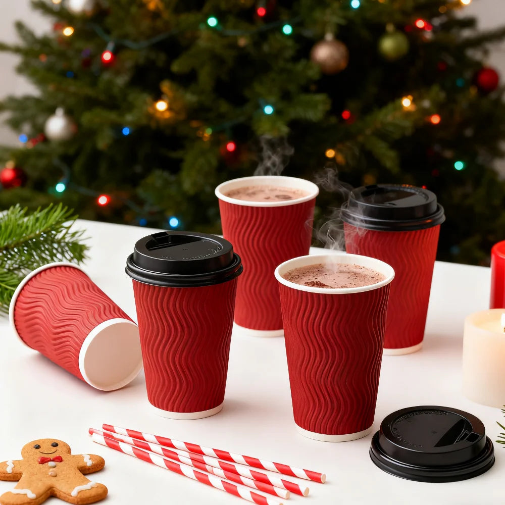 Red Corrugated Disposable Coffee Cups Heat Insulation Cups with Straw for Hot Beverage Ideal for Party Christmas New Year Supply