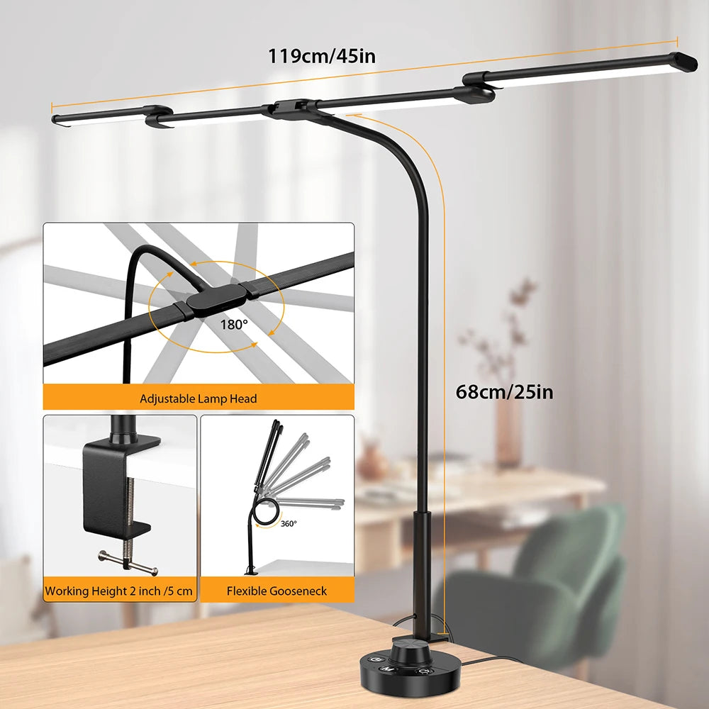 LED Ultra Bright Eye-Caring Desk Lamp 24W Stepless Dimming Flexible Gooseneck Clip-on Office Architect Desk Lamp PC Screen Lamp