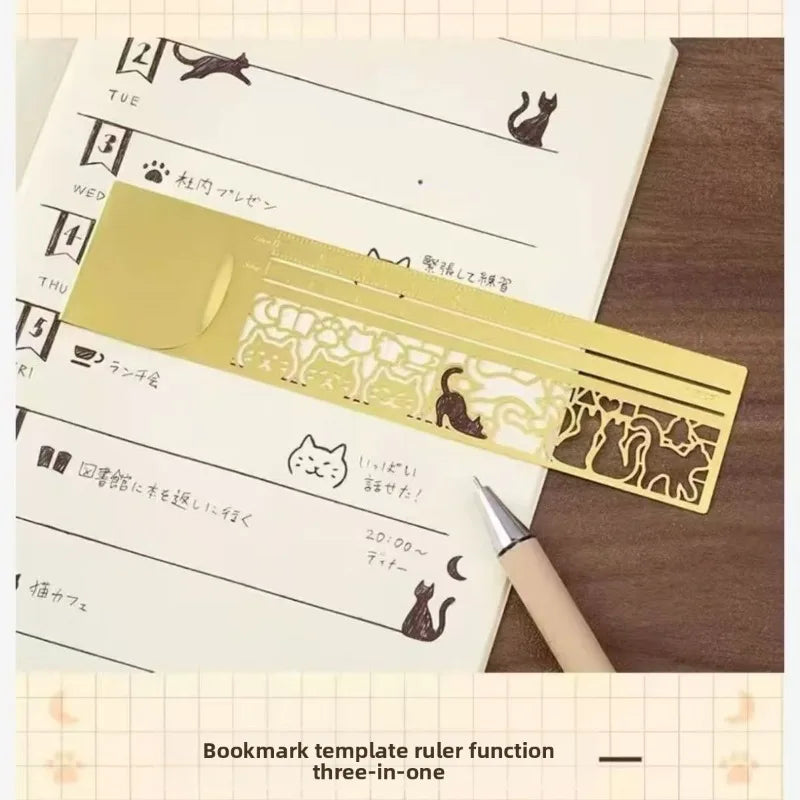 1pc Kawaii Cat Ruler Hollow Metal Bookmark Ruler Multifunctional Ruler for Painting Drawing Diary Hand Account Tool Cute Gift