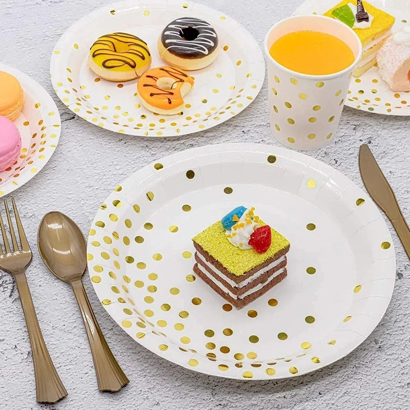 Disposable Paper Plates Gold Party Supplies, Golden Polka Dots Birthday and Baptism Decorations, include Plates and Cups, Napkin