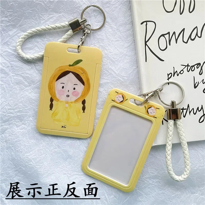 1Pc Solid Color Student Bus ID Card Protective Cover Keyring School Access Door Card Credit Card Holder Bag Set Key Chain