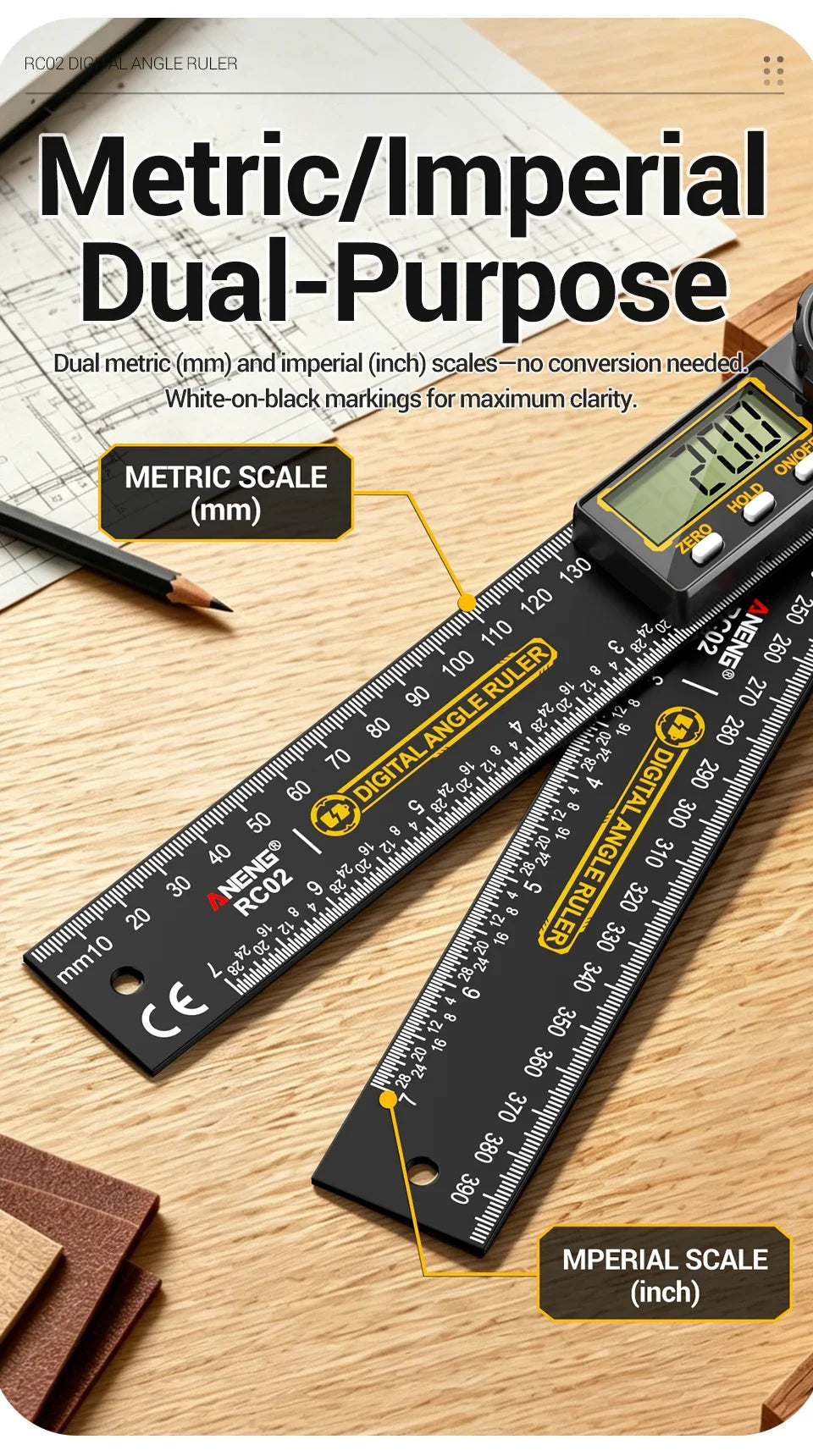 ANENG RC02 Digital Gauge Angle Goniometer Electronic Protractor Smart Inclinometer Angle Woodworking Tool Angle Finde 360°
