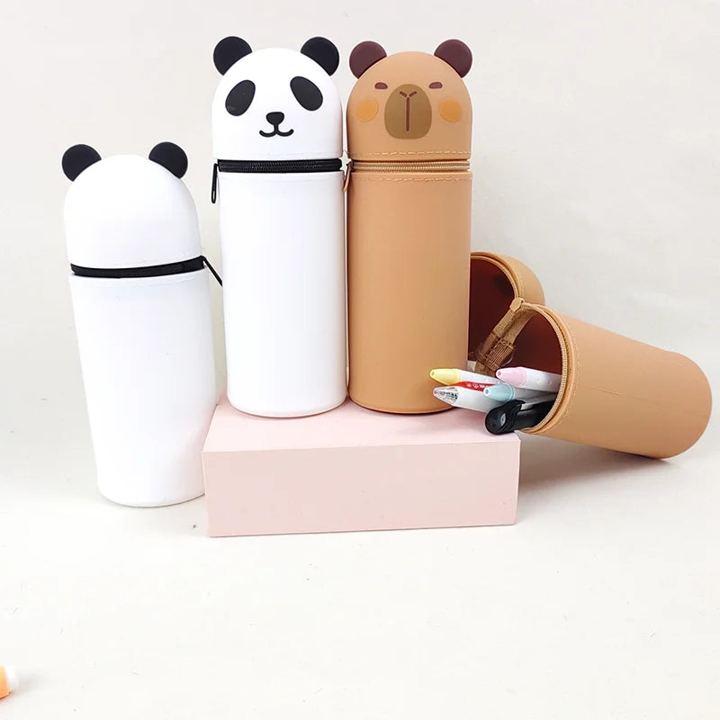 1PCS Kawaii Animals Silicone Telescoping Pencil Case Student Large Capacity Stationery Bag Giraffe/ Bee/Panda Learn Stationery