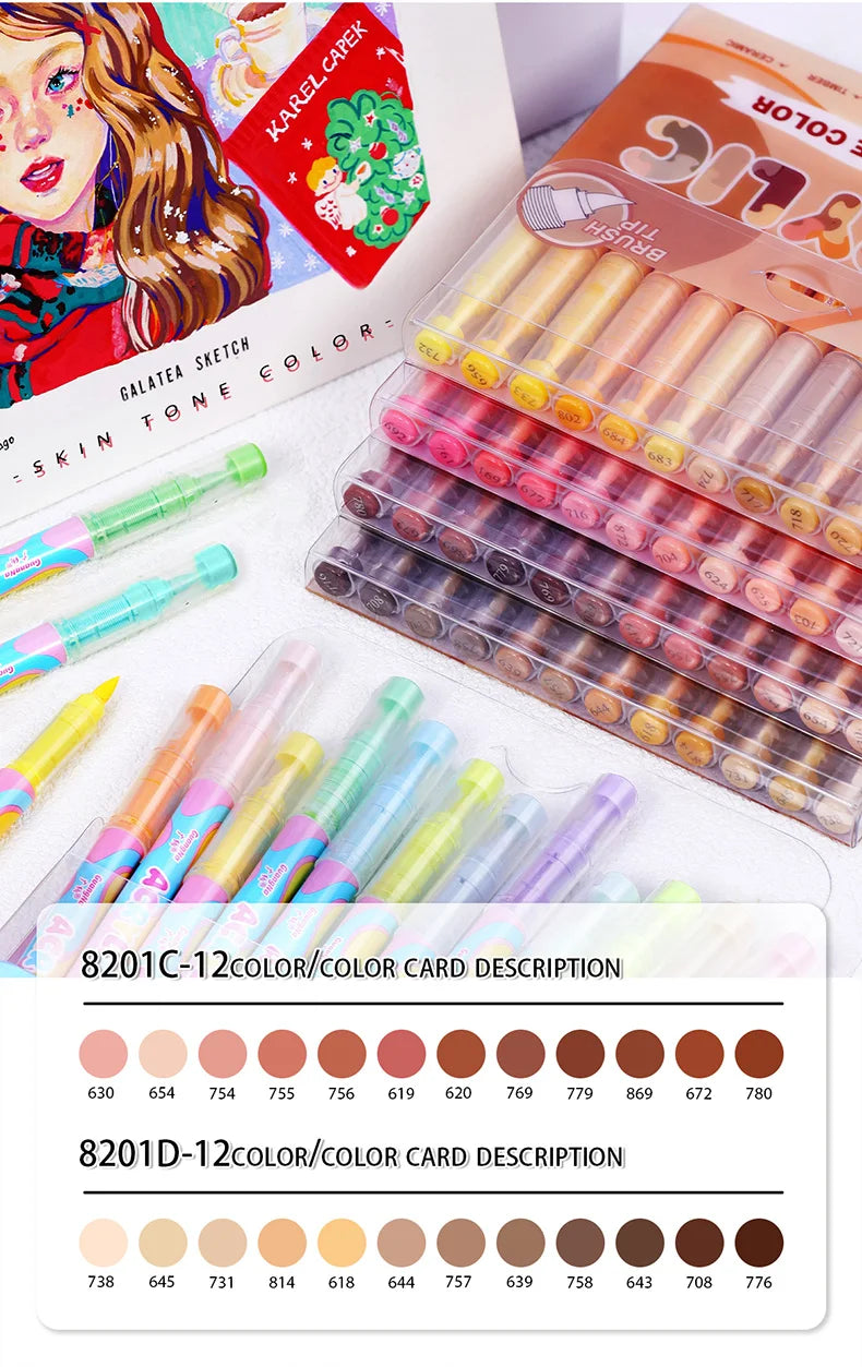 GuangNa 12-72 Colors Soft Brush Acrylic Marker Pen Set,Skin Tone, Macaron color,DIY Hand Drawn,Paint Art Markers pens,GN.8201F/M