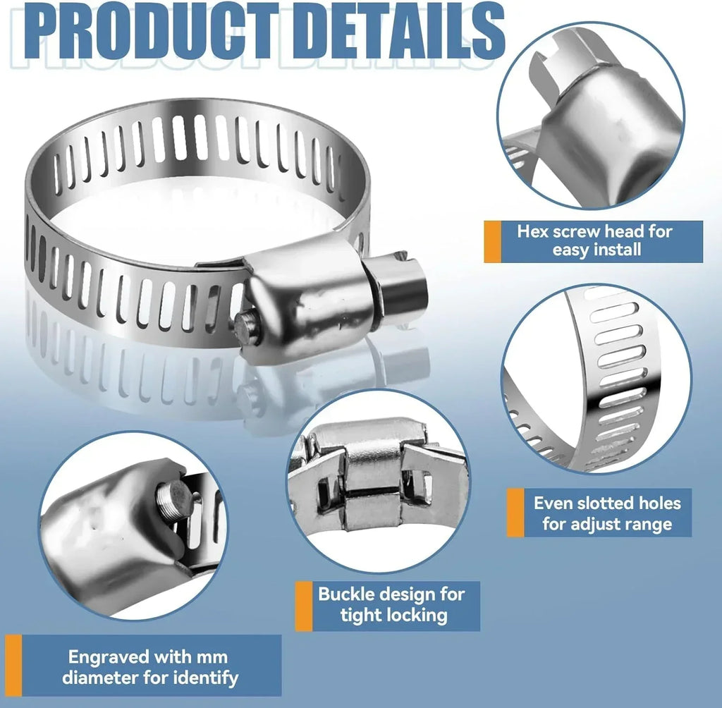 60pcs 8-38mm Adjustable Stainless Steel Screw Band Hose Clamps Car Fuel Hose Clamps Pipe Clamp Worm Gear Clip Hose Clamp