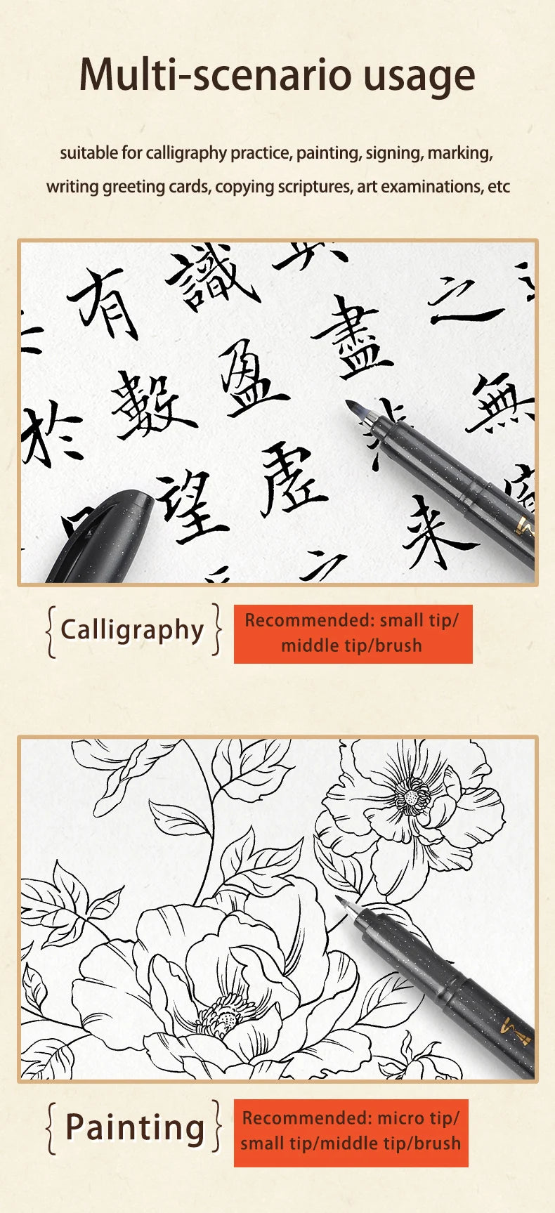BAOKE 4-Size Calligraphy Pen Set for Writing, Drawing & Hand Lettering, Black Ink Brush Markers for Art, Calligraphy, Sketching