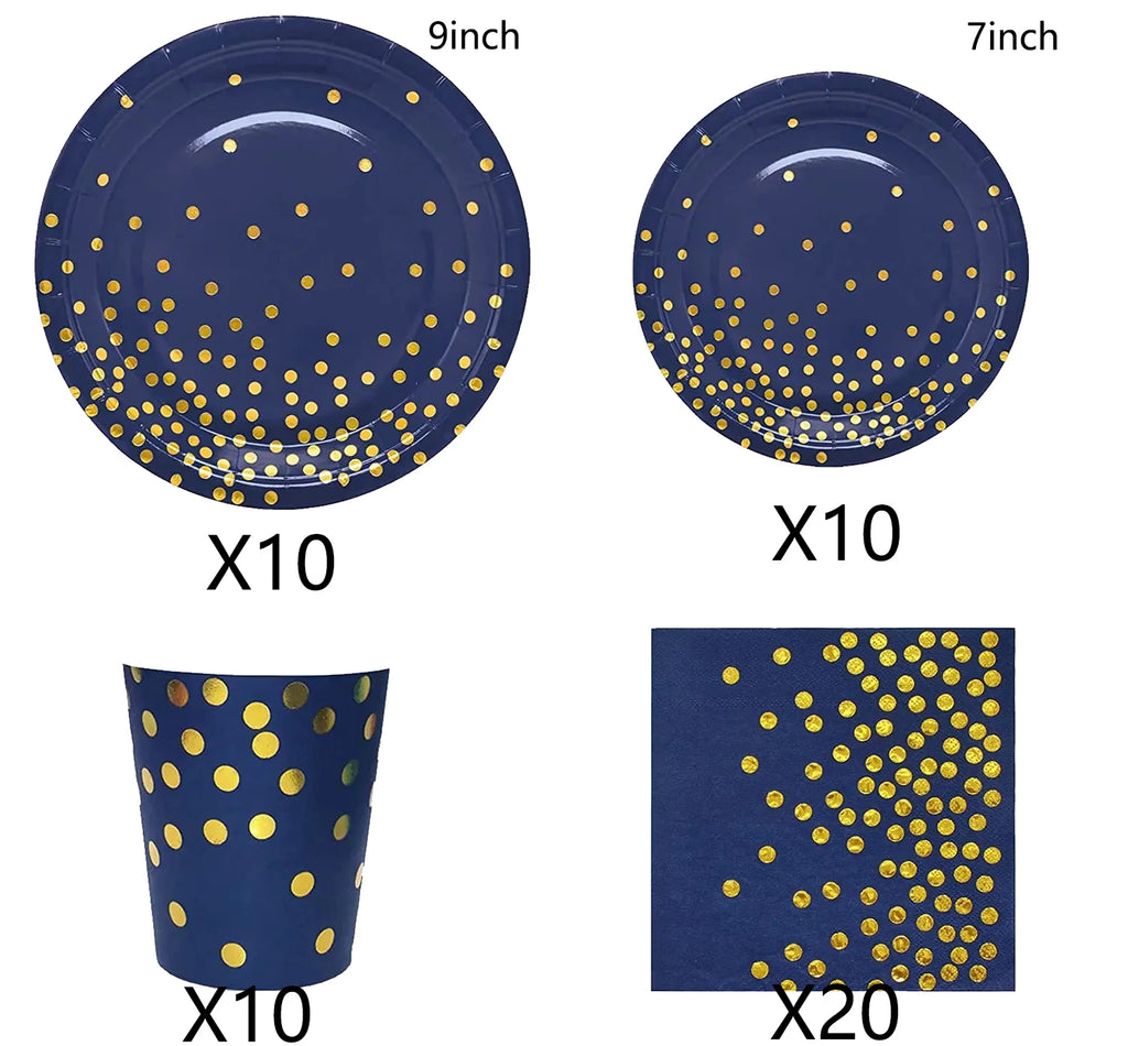 Navy Blue Gold Party Decorations Blue and Gold Disposable Tableware Set Paper Plates Cups Napkin Tablecloth Wedding Anniversary