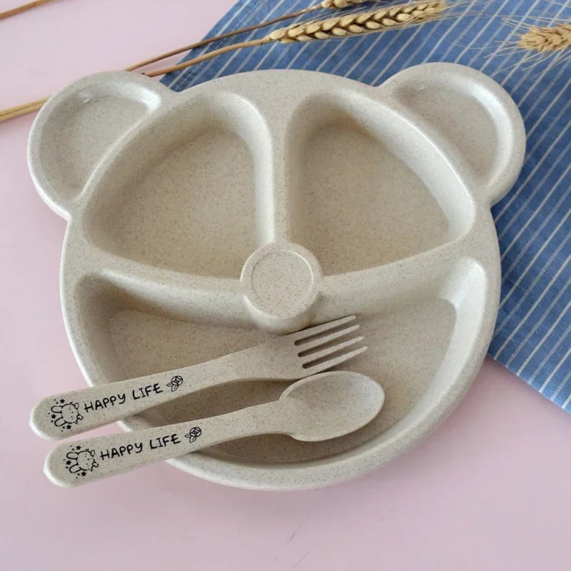 3Pcs/set Wheat Straw Baby Dishes Cartoon Tableware Set Kids Dinner Platos Baby Feeding Plate Training Bowl Spoon Fork Tableware