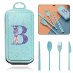 4Pcs Wheat Straw Cutlery Knife Spoon Fork Chopsticks Portable Set Plastic Detachable Dinnerware Purple Flower Letter Pattern