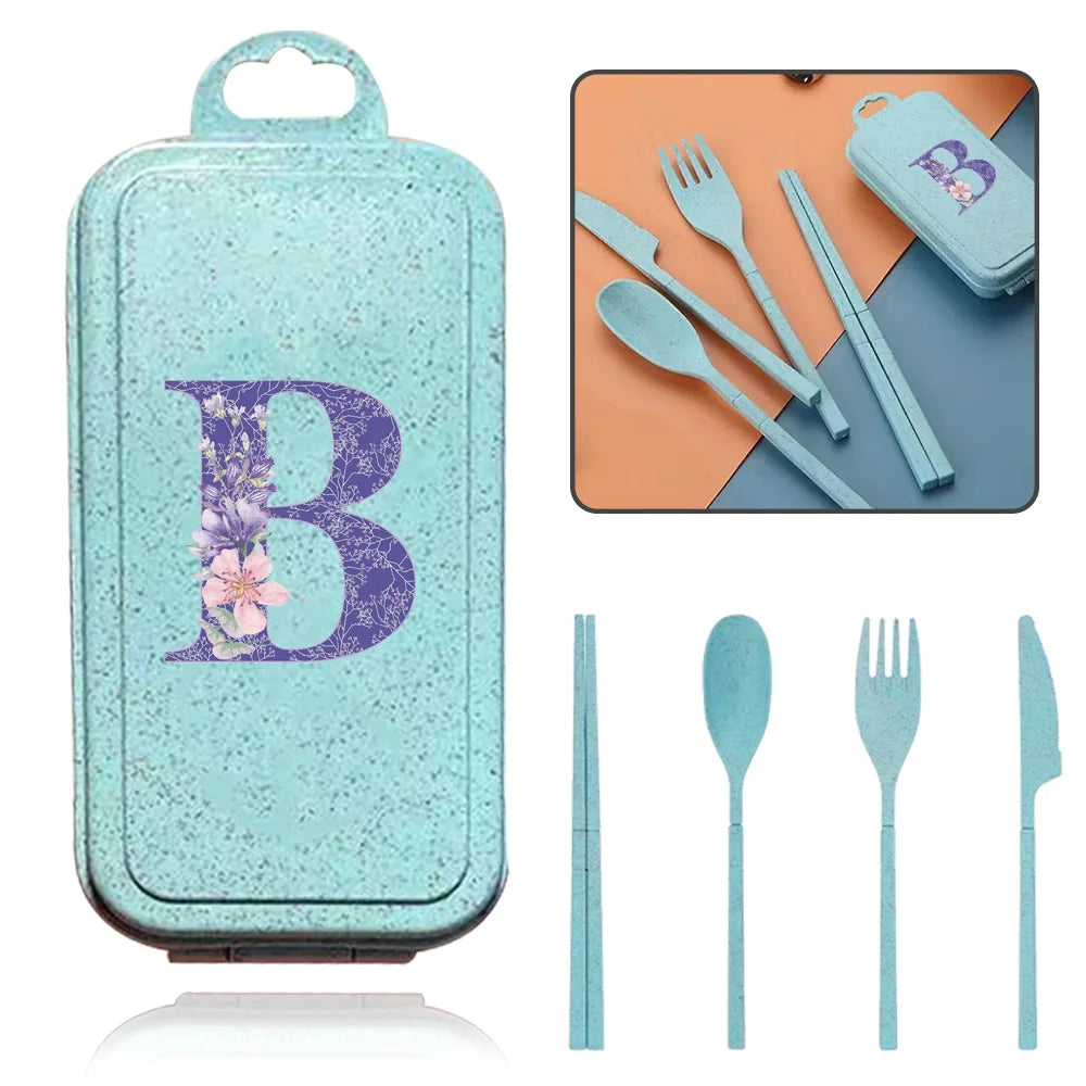 4Pcs Wheat Straw Cutlery Knife Spoon Fork Chopsticks Portable Set Plastic Detachable Dinnerware Purple Flower Letter Pattern
