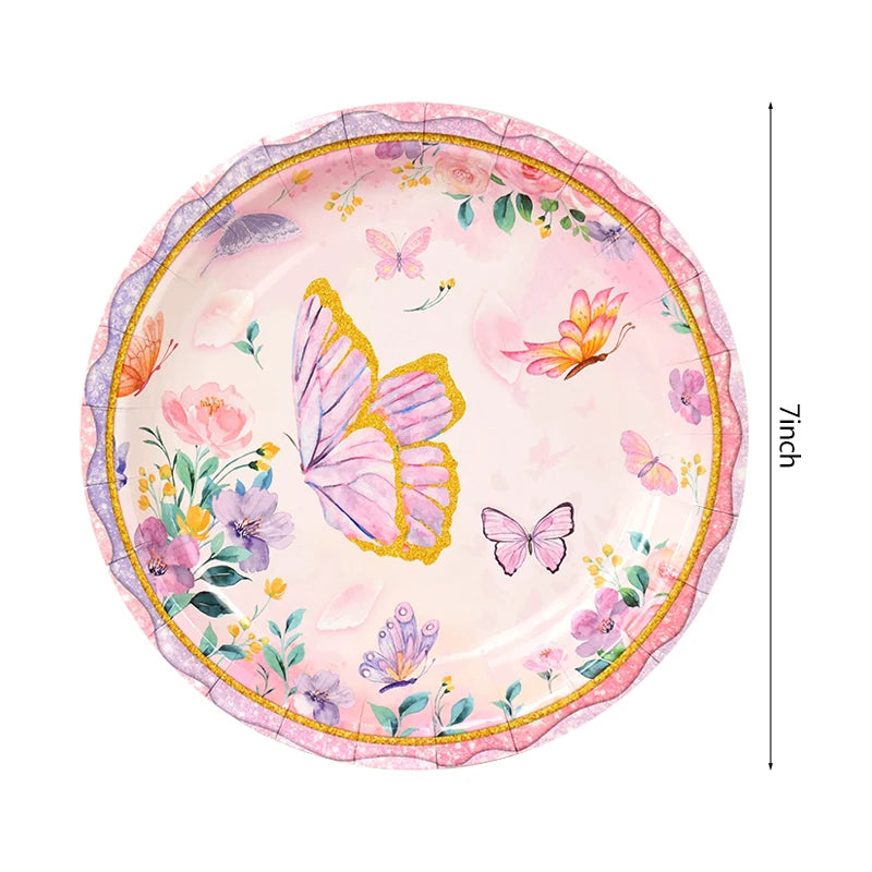 Butterfly Disposable Tableware Set Paper Plate Cup Napkins Pink Butterfly Birthday Party Decoration Baby Shower Wedding Supplies
