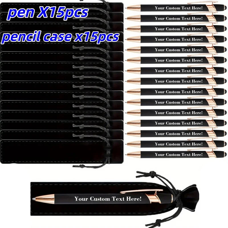 15Sets Customizable Engraved Metal Ballpoint Pens with Durable Case + 15pcs Custom Pen Bags - Bulk Writing Utensils for Business