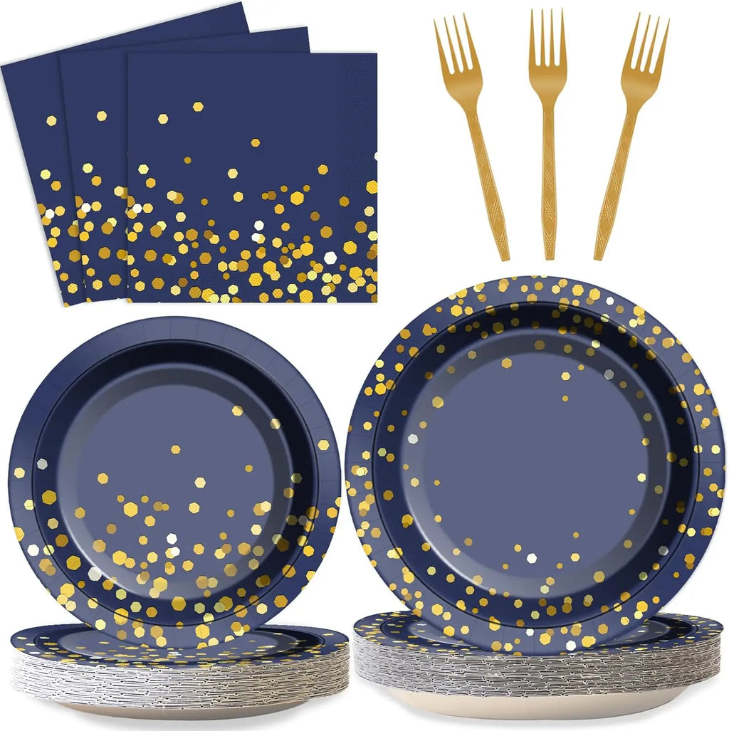 Navy Blue Gold Party Decorations Blue and Gold Disposable Tableware Set Paper Plates Cups Napkin Tablecloth Wedding Anniversary