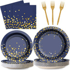 Navy Blue Gold Party Decorations Blue and Gold Disposable Tableware Set Paper Plates Cups Napkin Tablecloth Wedding Anniversary