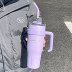 1pc Stainless Steel Ice Tumbler 38.55oz Insulated Cup with Handle & Straw Keeps Cold for 24 Hrs Car Insulation Cup Coffee Water