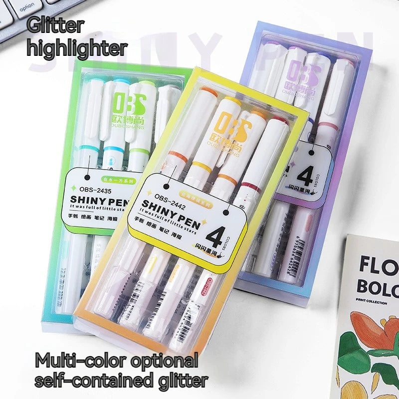 4PCS Sparkling Pink Highlighter Star River Handwritten Pen with High Appearance Value Key Classroom Note Marking Colored Pen