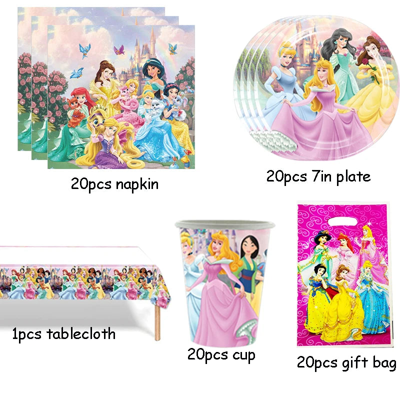 Princess Party Supplies Birthday Disposable Tableware Set  Tablecloth Paper  Plate Napkin for Kid Girl Birthday Supplies