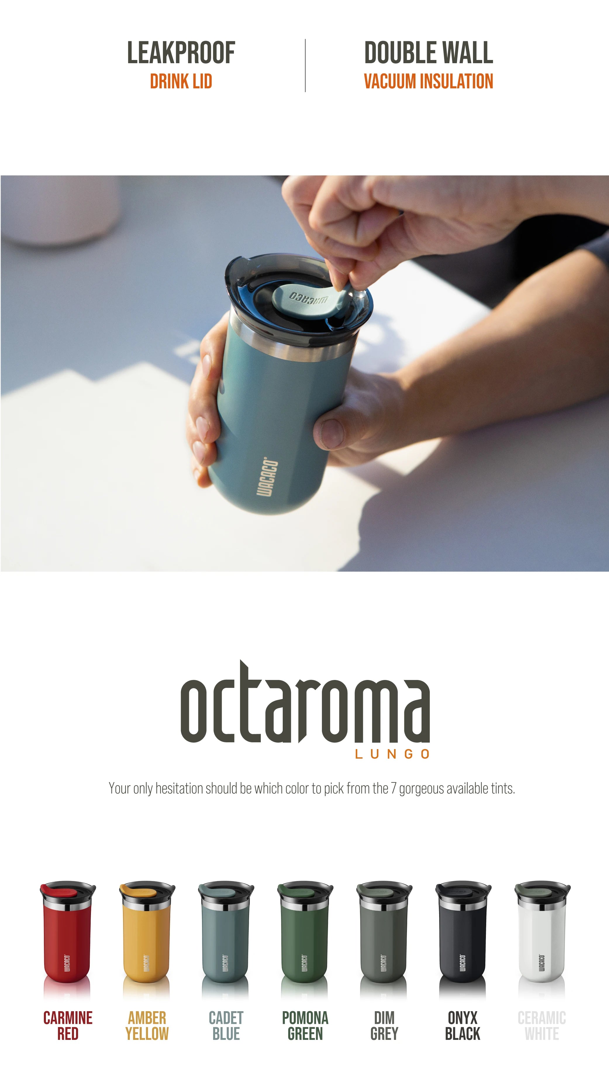 WACACO Octaroma Vacuum Insulated Coffee Mug, Double-wall Stainless Steel Travel Tumbler, 6/10/15 fl oz, thermo, Valentines Gift