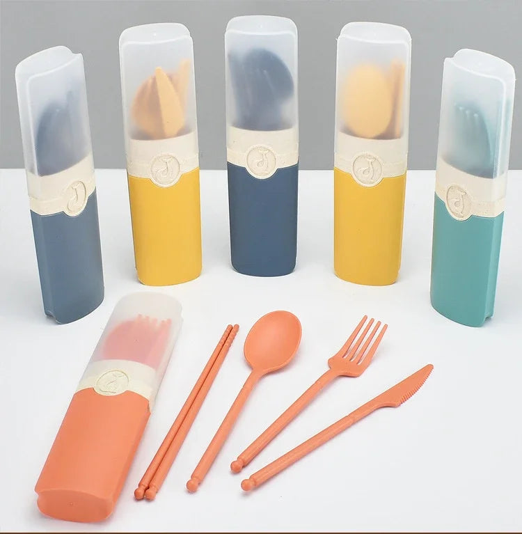 Portable Reusable Spoon Fork Travel Picnic Chopsticks Wheat Straw Tableware Cutlery Set With Carrying Box For Student Office