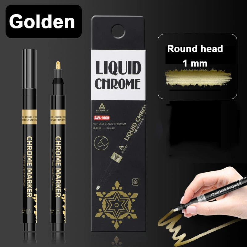 1Pcs Chrome Mirror Marker Pen 0.7mm 1mm 2mm DIY Reflective Paint Pen Permanent Gold Silver Copper Marker Model Painting Marking