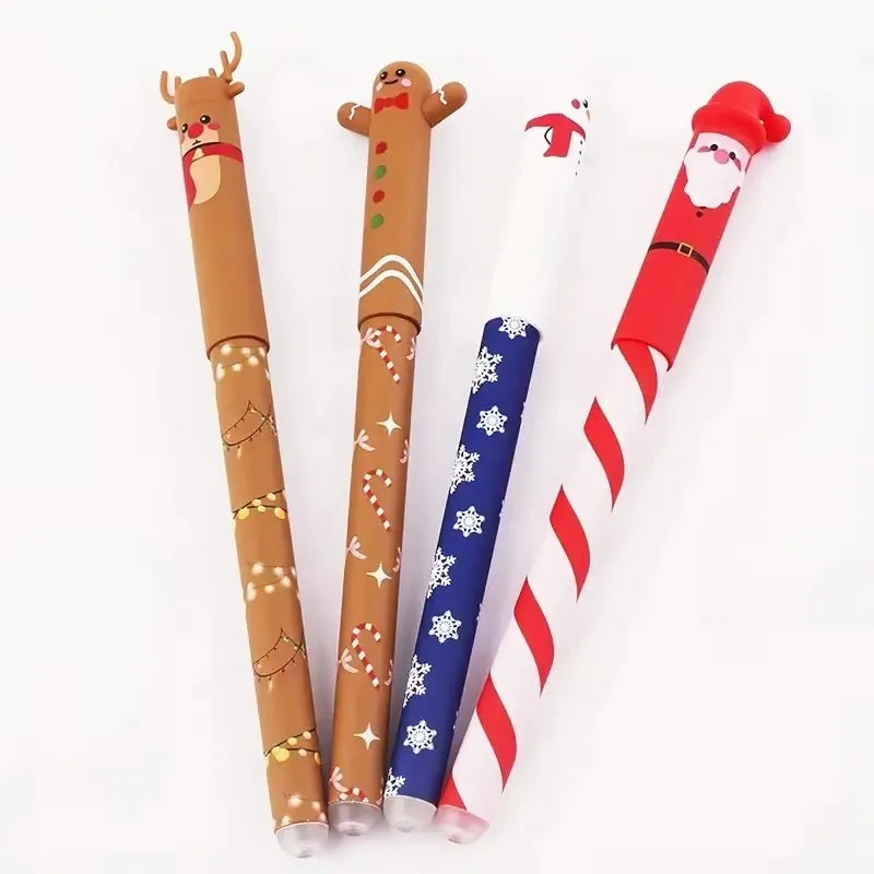 4 Types of Christmas-Themed Erasable Gel Pens Featuring Designs of Santa Claus, Snowmen Reindeer Gingerbread Erasable Pens