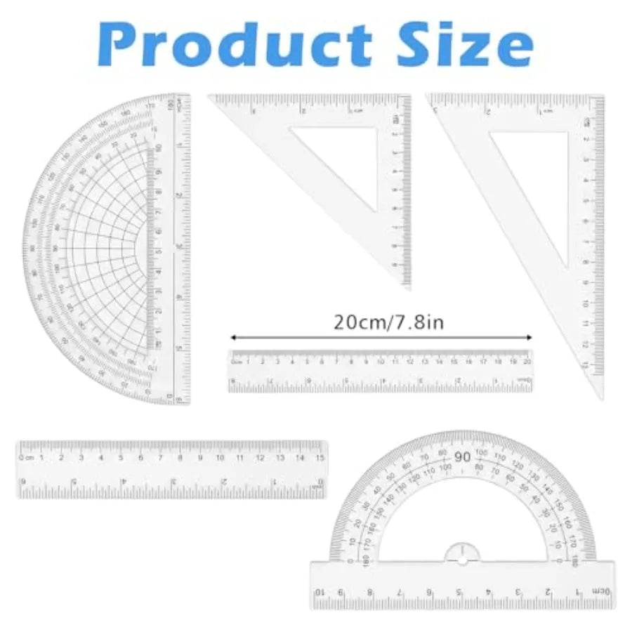 6Pcs Transparent Ruler Set for Drawing, Engineering, Art: Clear Acrylic, Blue-Tinted, Anti-Slip Grip Precise Markings
