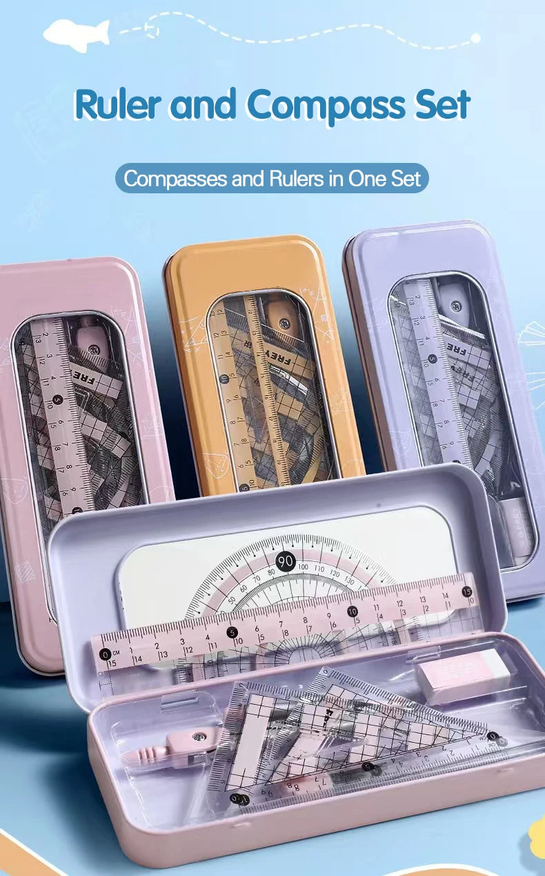 8-Piece Set of Measuring Rules for Students Including Compass Measuring Angle Ruler Triangular Ruler Measuring and Drawing Compl