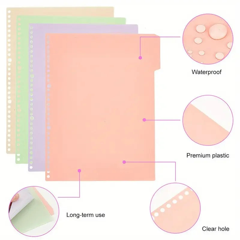 1sets 4pcs A4/B5/A5 PP Plastic Binder Index Divider Sheets 30 Holes Tab Divider for Notebook Rectangle Mixed Color