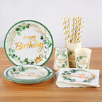 Green Eucalyptus Leaf Disposable Tableware Set Paper Plate Cup Napkin Kids Adult Birthday Supplies Hawaiian Summer Party Decor