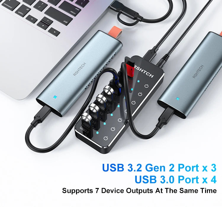 RSHTECH 7-Port Powered USB C Hub with 10Gbps USB-C 3.2 Ports Individual Touch Switches 5V/3A Power Adapter Laptop USB Splitter