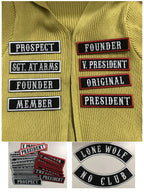 4 Inches Wide Iron On Embroidery White Texts And Border Name Tag PRESIDENT,ORIGINAL,SECRETARY,ROAD CAPTAIN,MEMBER,V. PRESIDENT
