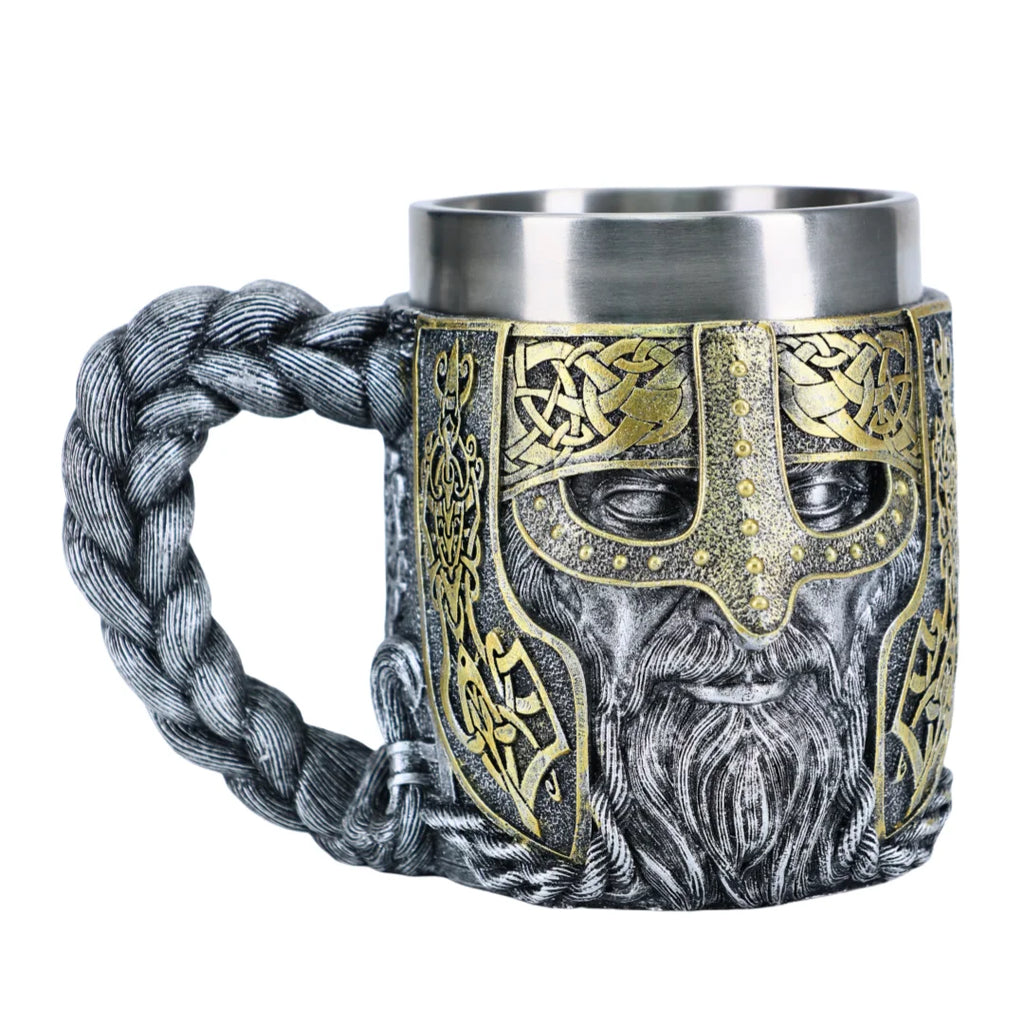 Valhalla Viking Stainless Steel Nordic Viking Barrel Dragon Boat Warrior Horn Skull Beer Mug Tankard Stein Cup 400 ML