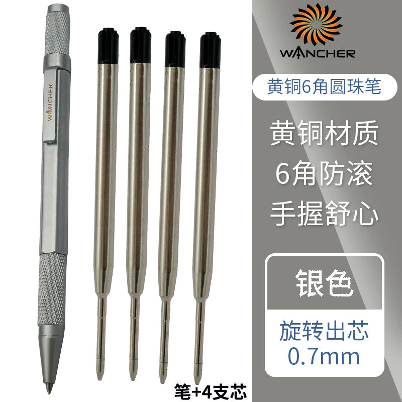 WANCHER Ballpoint Pen Original Hexagon Brass Metal Rotary Black 0.5mm Refill Replaceable W1558 Office School Stationery
