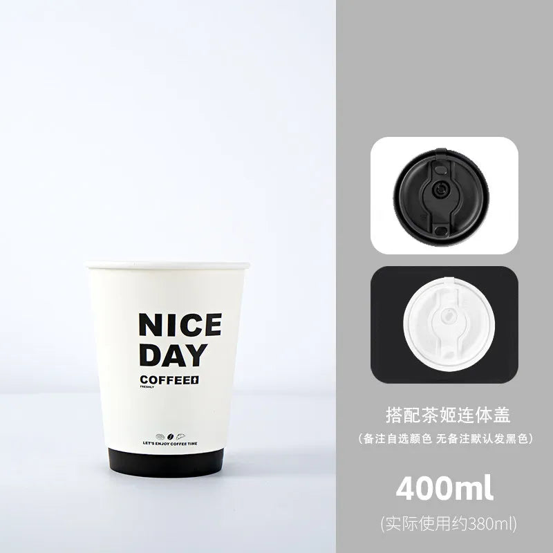 50pcs Thick Double-layer Coffee Paper Cup Disposable 90mm Caliber Hot Drink Leak Proof with Lid Shop Takeaway Paper Cups