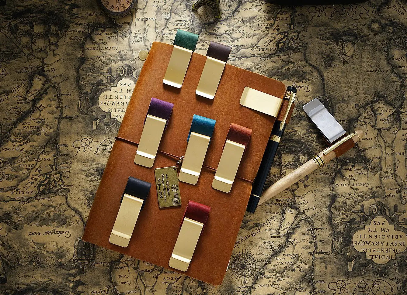 Brass Leather Pen Clip Stainless Steel Cowhide for Traveler's Notebook - Genunine Leather & Metal Notebook Accessory