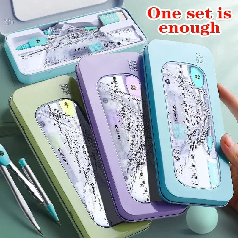 7 PCS Compass and Ruler Sets Triangle Ruler Protractor Rubber Student Exam Specific Ruler Box Set Ruler Set School Starts