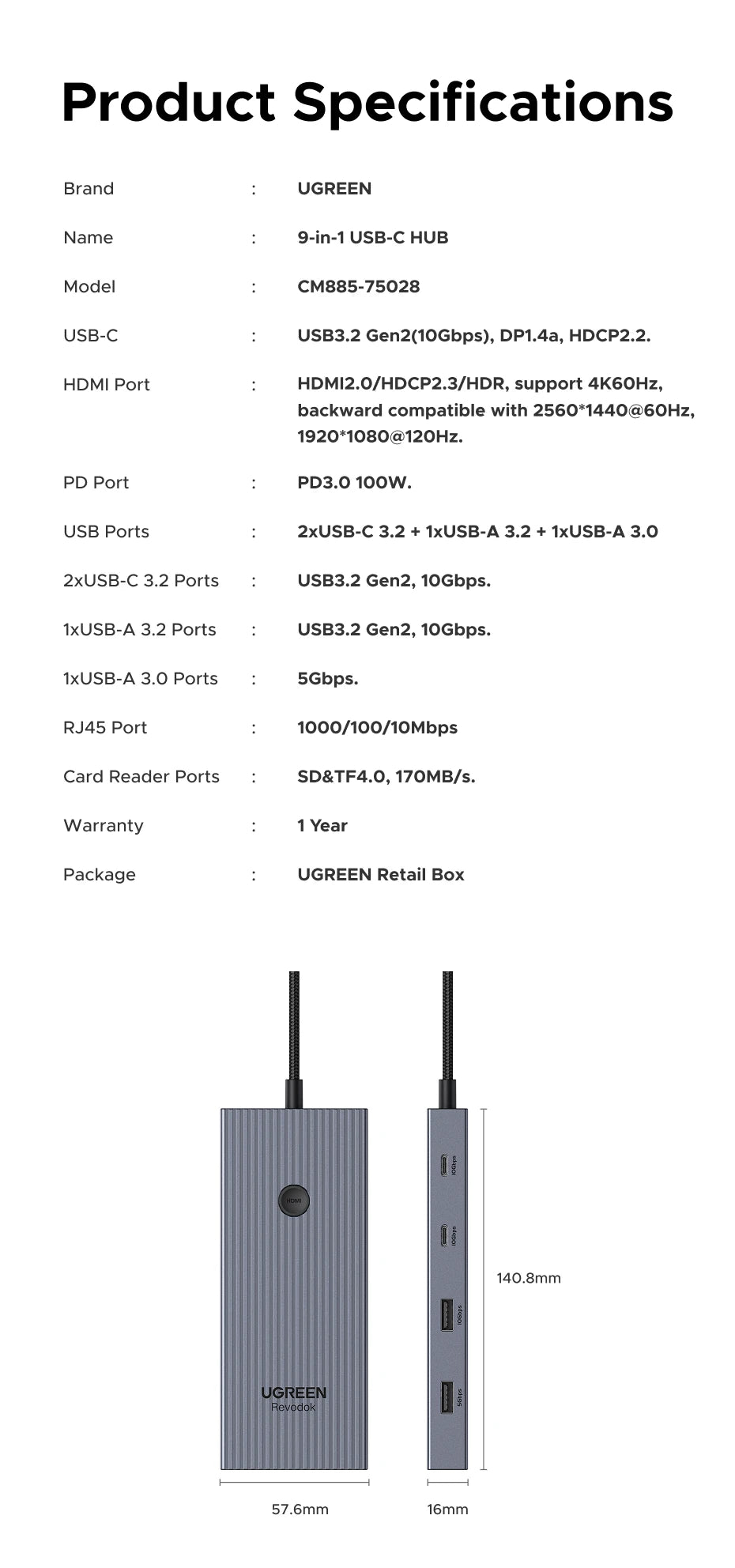 UGREEN 10Gbps USB C HUB 4K60Hz Type-C to HDMI RJ45 PD100W SD&TF USB Adapter for Macbook iPad Samsung Laptop Accessories Docking