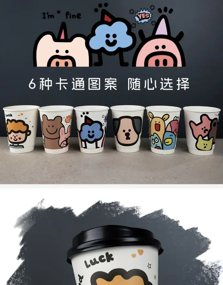 25pcs 90 Caliber Disposable Coffee Cups Fresh Milk Hot Drink Thickened Cartoon Paper Cup Milk Tea Takeaway Packag Cup with Lid