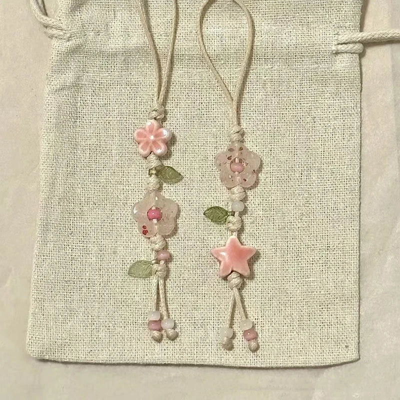 Cute Star Flower Mobile Phone Strap Kawaii Ceramic Beaded Mobile Phone Lanyard Bag Decoration Camera Pendant Fashion Keychain