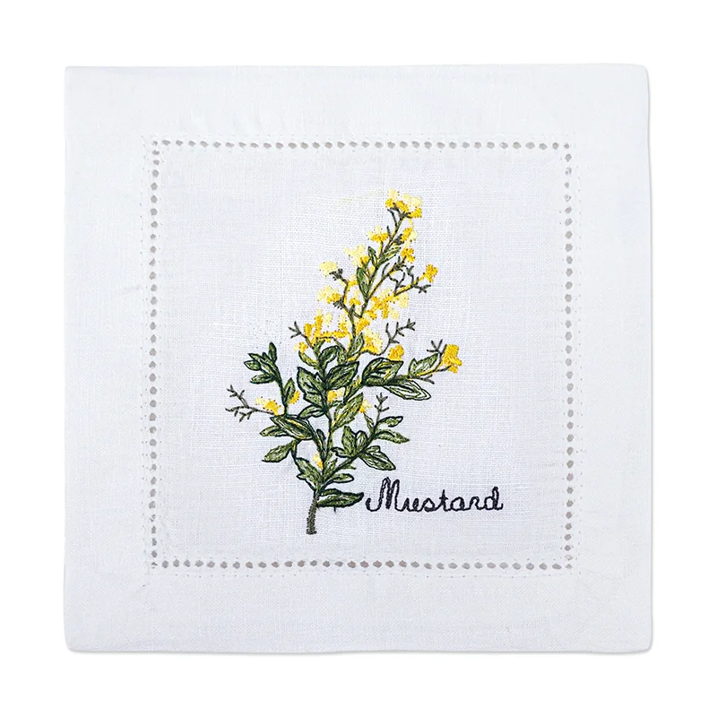 New Embroidered Herb Cocktail Napkin, Pure Linen, Lavender, Rosemary, Mint，Sage，Natural, Elegant, Tea Napkin, 15x15cm,