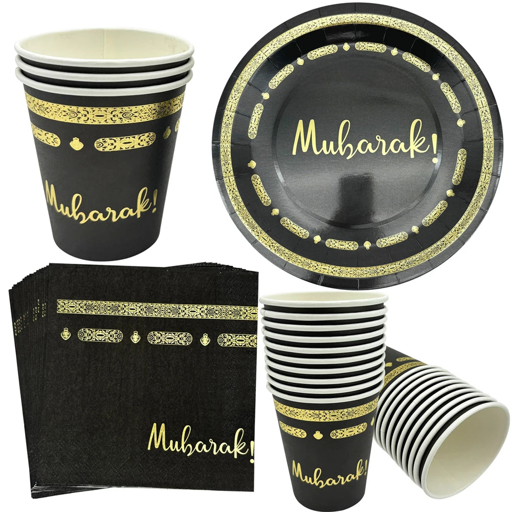 10Pcs Umrah Eid Mubarak Ramadan Party Disposable Tableware Kaaba Paper Plates Cups Napkin Muslim Islamic Eid Al-Fitr Decoration