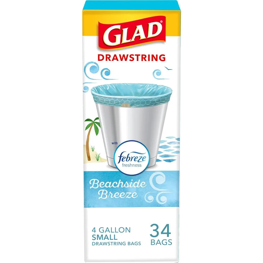 4 Gallon Drawstring Small Trash Bags 34‑Count, Blue Beachside Breeze Scent Plastic Garbage Bags, Odor Neutralizing for Bathroom Small Waste Cans